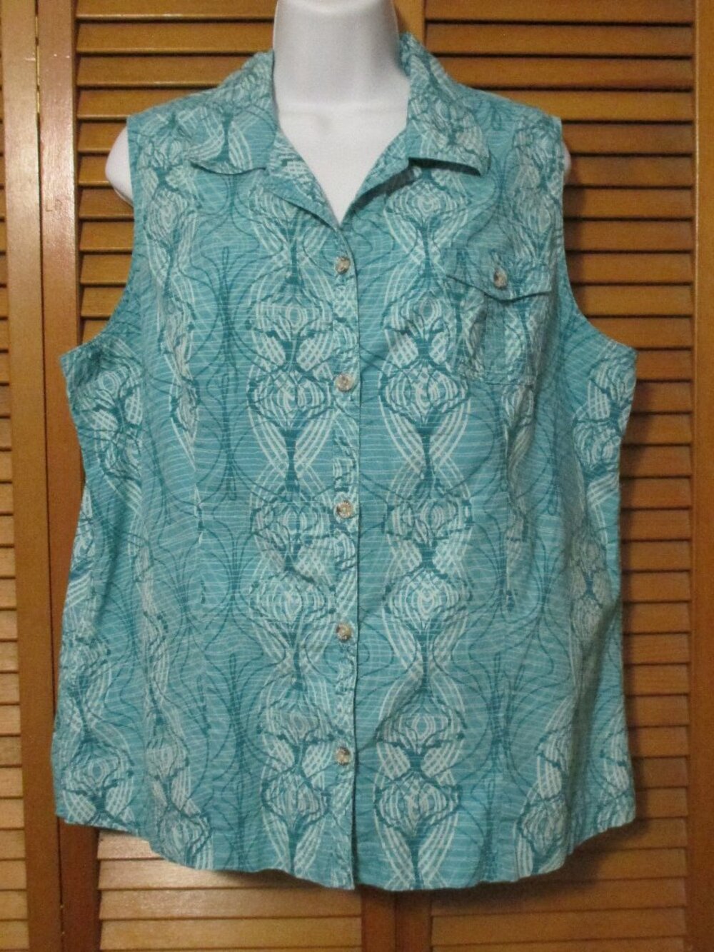 Brisas sleeveless top button up 100% cotton aqua & teal size XL